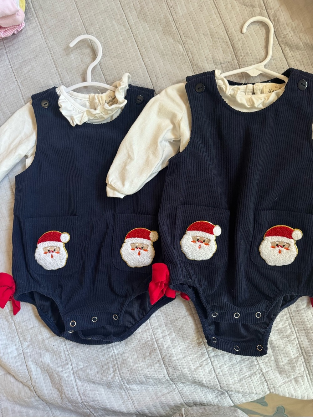 Navy Corduroy Santa Pocket Matching Baby Romper Set - 2-Pack